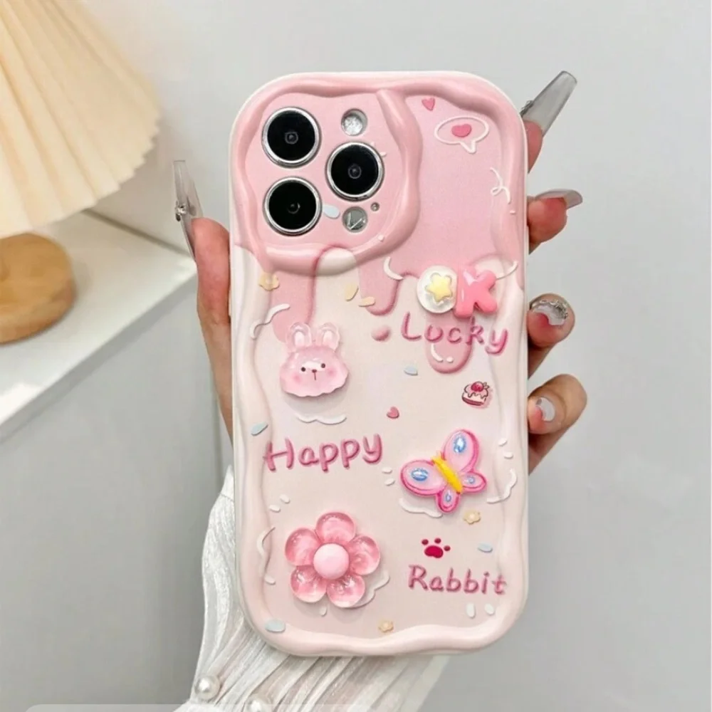 Cartoon Pattern Painted Oil TextureWave Edged Protective Case With Chain
